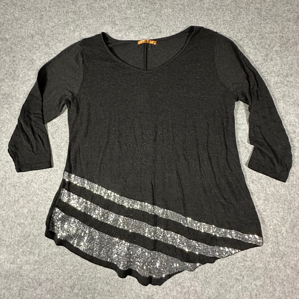 Belldini Sequin Stripe Top Womens 1X Black 3/4 Sleeve Scoop Neck